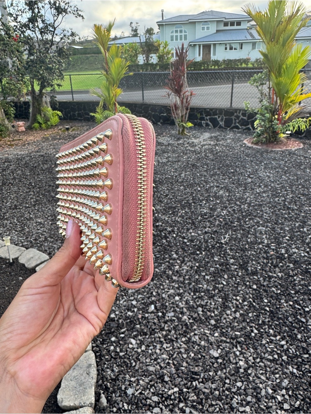 Christian Louboutin Pink Spiked Zip Around Wallet Gold Studs Leather - Picture 5 of 14